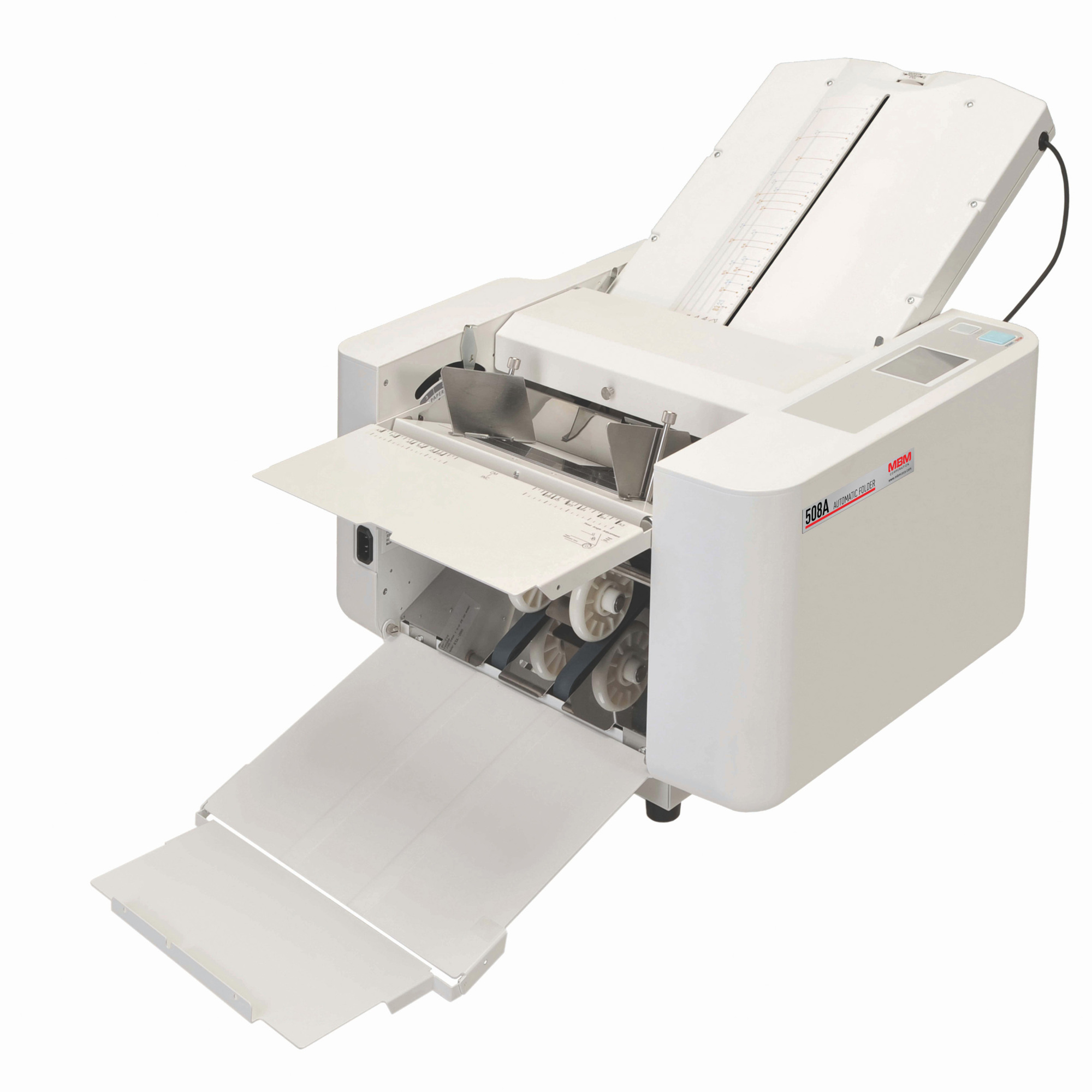 MBM Automatic Paper Folding Machine — 3-Roller Friction Feed, 500-Sheet Capacity, 14,400 Sheets/Hour, 18 Standard & 24 Custom Folds, 12-80 Lb. Paper, Model# 508A